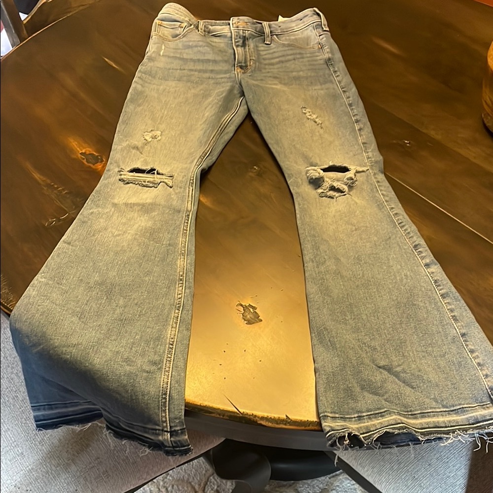 Hollister Blue Flare Wide Leg Jeans with Distressed Details